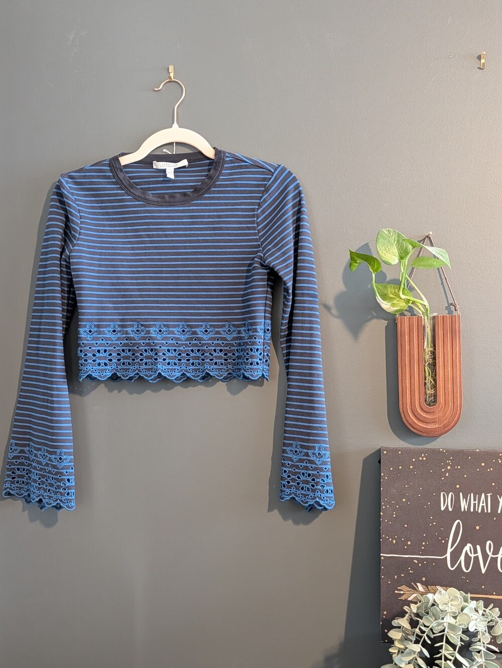 Derek Lam 10 Crosby Striped Navy Cropped Lace-Hem Long Sleeve Top